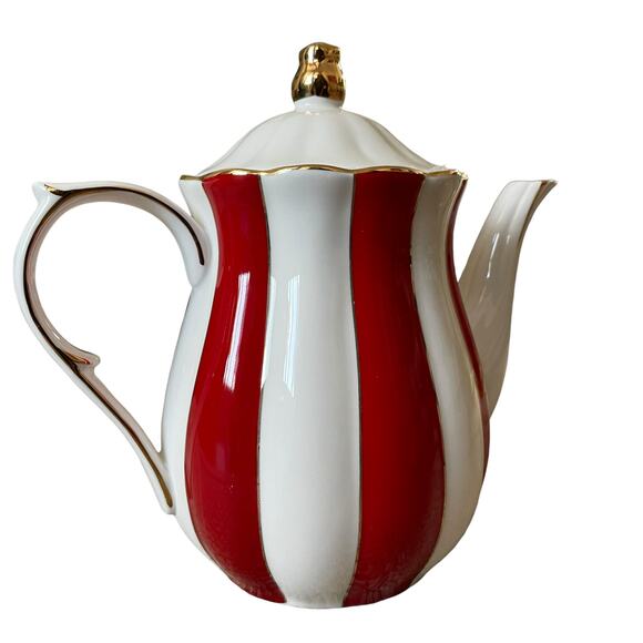 Grace Teaware Fine Porcelain Teapot Holiday Red White Gold Peppermint Stripe New - Picture 5 of 16